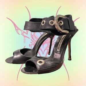 Manolo Blahnik Koyu 115 Black Leather Grommet Heels Peep Toe